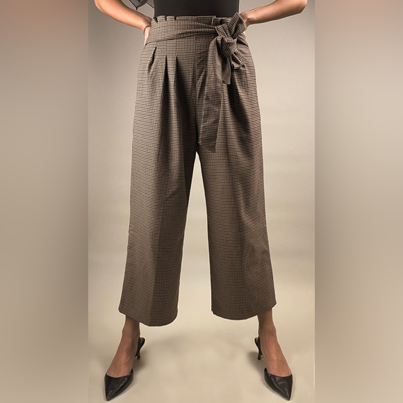 ZARA Plaid Gingham Brown Wide Legged Pants With Bow Tie Detail - Picture 4 of 4